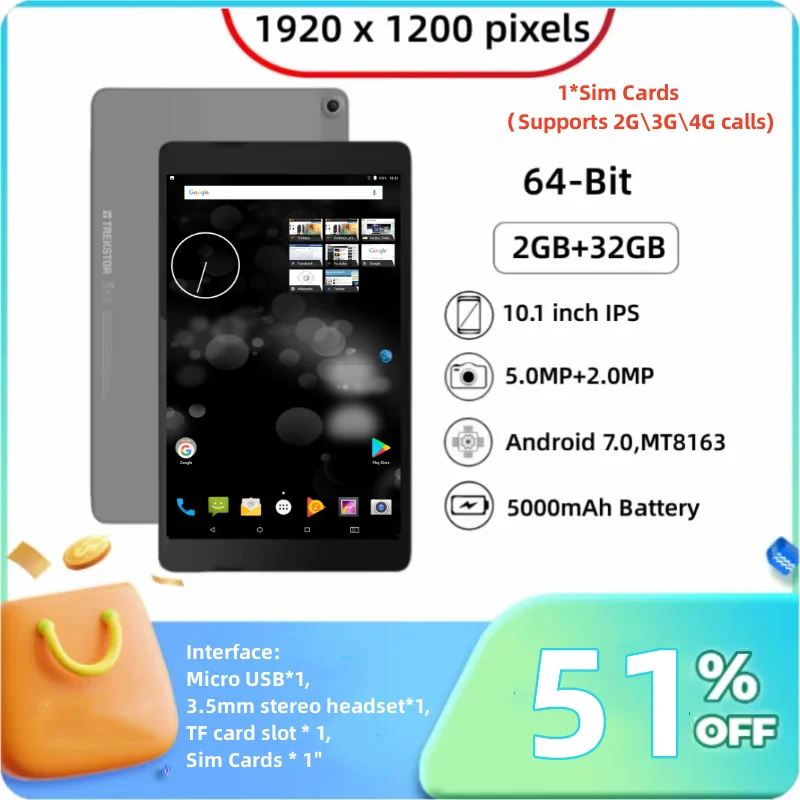 Hot Sales 64-Bit 10.1 Inch Android 7.0 2GB RAM 32GB ROM 4G Phone Tablets MT8163 Quad Core 1920*1200 IPS HD Display WIFI