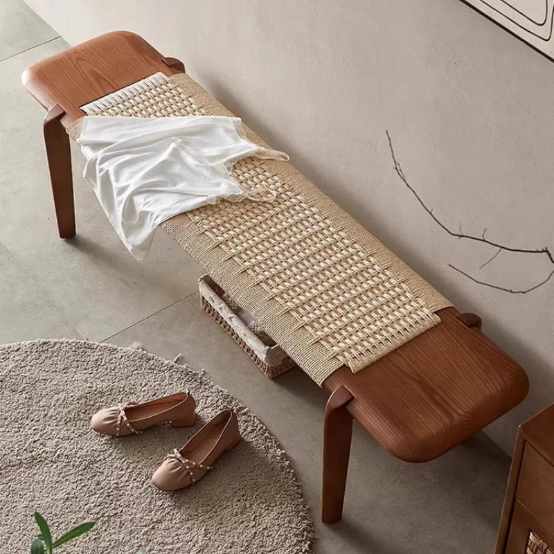 Vintage Solid Wood Bench, Entryway Storage Shoe Stool, Stylish Bed End Seat, Living Dining Rope Woven Long Seating