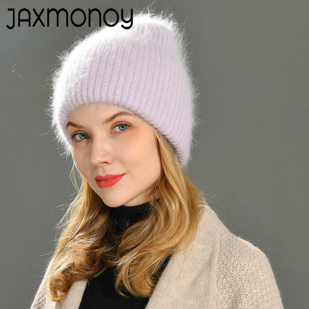 Jaxmonoy Rabbit Fur Cashmere Blend Knitted Beanie Hat With Sequins Autumn Winter Casual Fashion Girl Musthaves Wool Skullies Cap