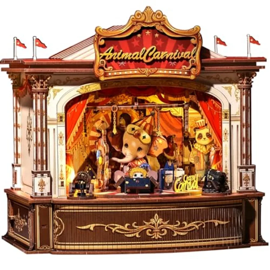 

3D Wooden Puzzles Music Box for home bookshelf decor, wood material, multicolor, DIY rotating miniature theater model kit with