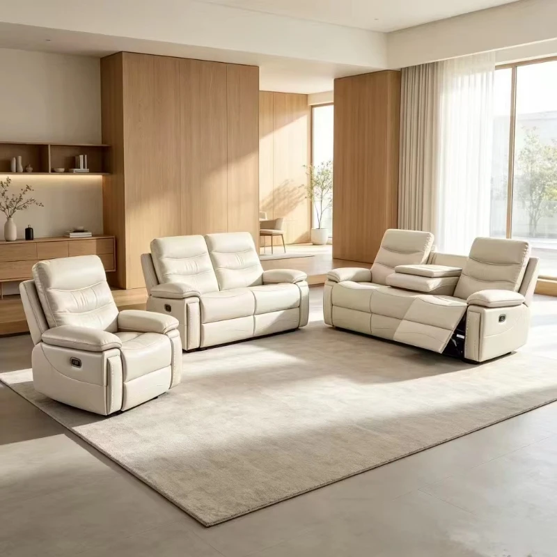Modern Deluxe Hand Adjustable Sofa Set 3 + 2 + 1 Seat Leather Living Room Furniture with Console and Cup Holder