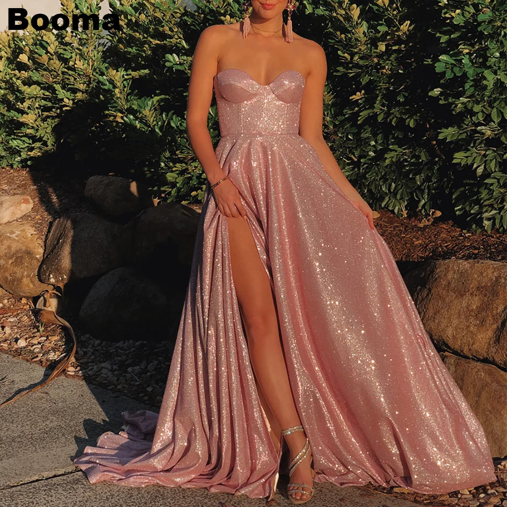 

Booma Pink A Line Gillter Evening Dresses Sweetheart Sleeveless Leg Slit Prom Party Gowns Formal Occasion Dresses for Women