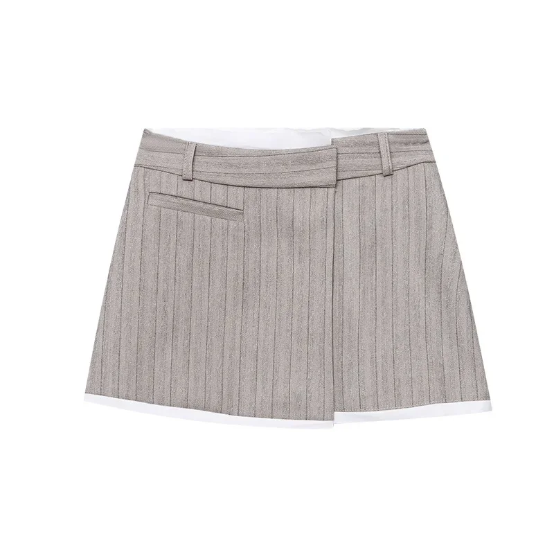 2026 Niche Design Sense Irregular Splicing High Waist Thin Striped Suit Skirt