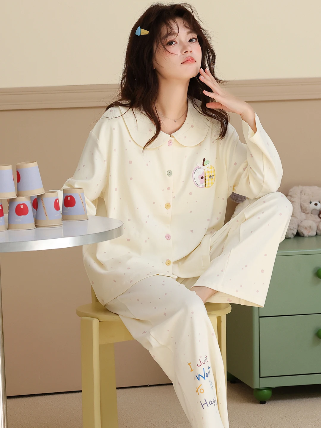 princess-collar-women's-sleepwear-long-sleeve-long-pants-cardigan-cotton-embroidery-home-clothes-set-suitable-for-outdoor