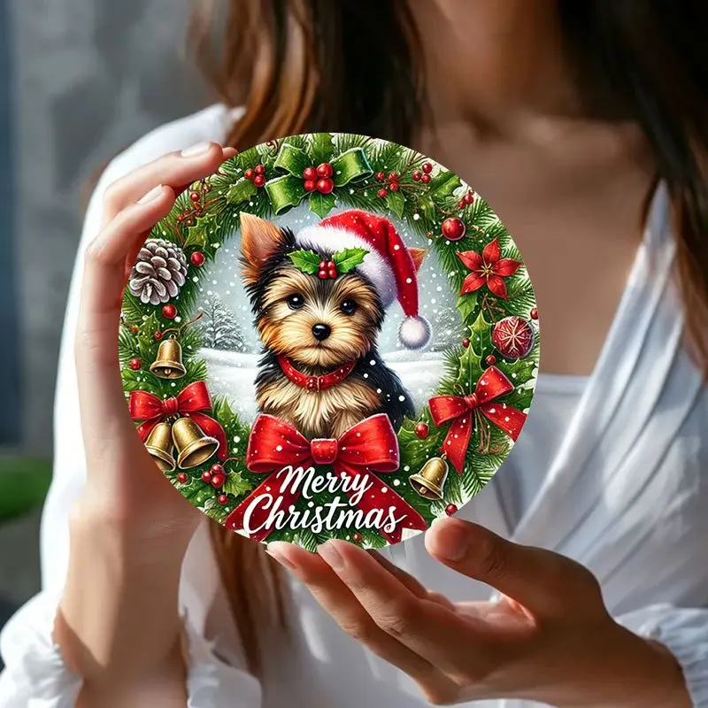 2D Flat - 1pc Festive Yorkshire Terrier Christmas Wreath Round Metal Sign - Durable & Easy-to-Clean Wall Art with Merry Christma
