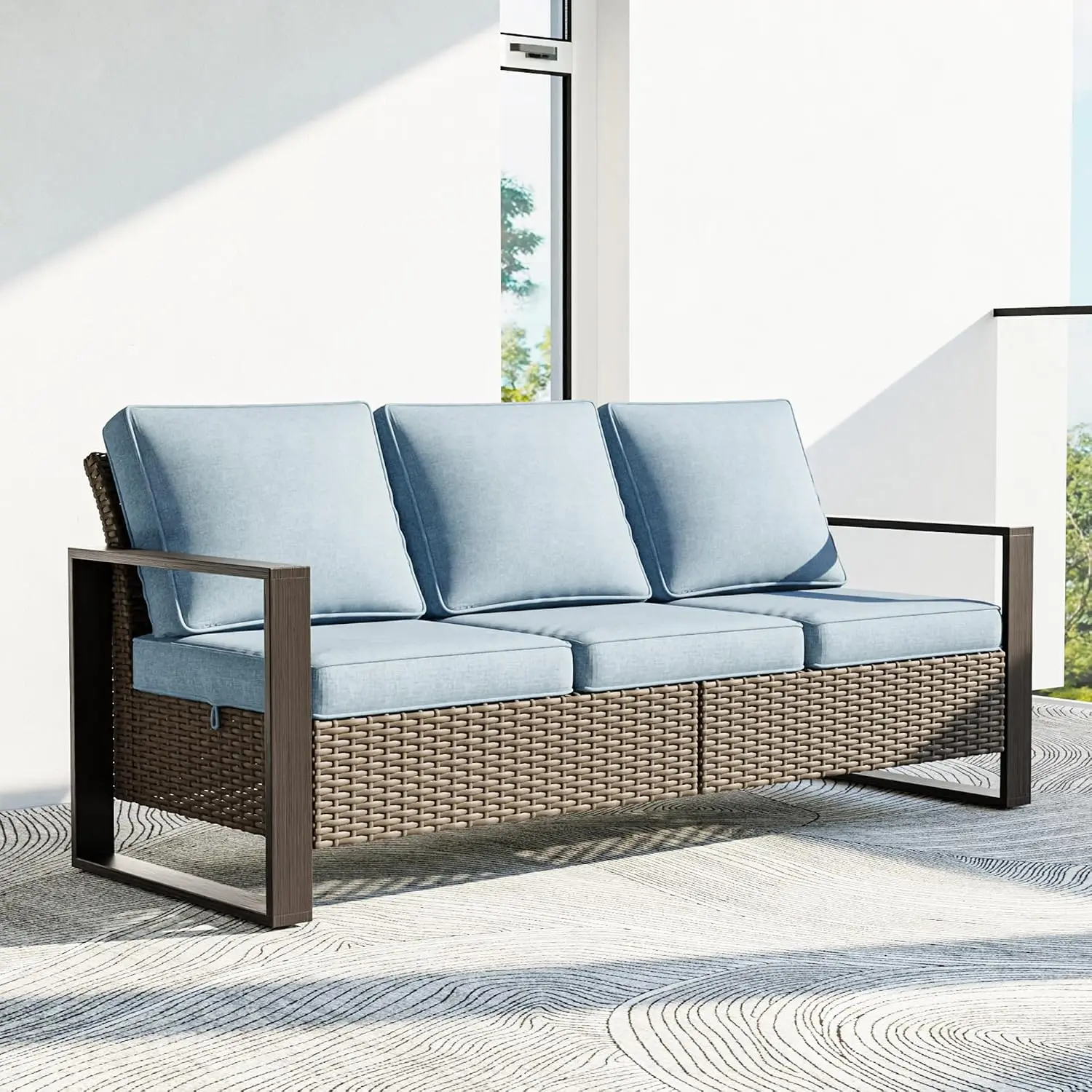 Outdoor 3-Seat Wicker Sofa with Thickened Cushions, Metal High Back Rattan Furniture for Porch & Deck, Customized