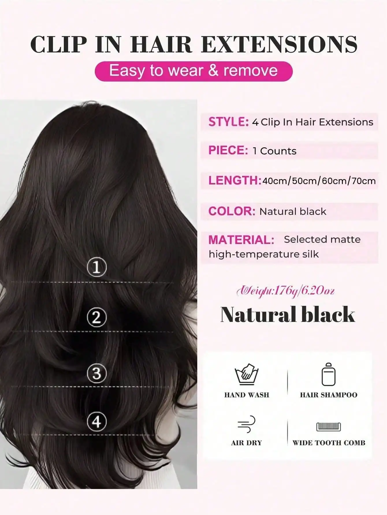 OLACARE Synthetic Long Curly Wavy Clip in Hair Extension V-shaped Heat Resistant Black Hairpiece for Women