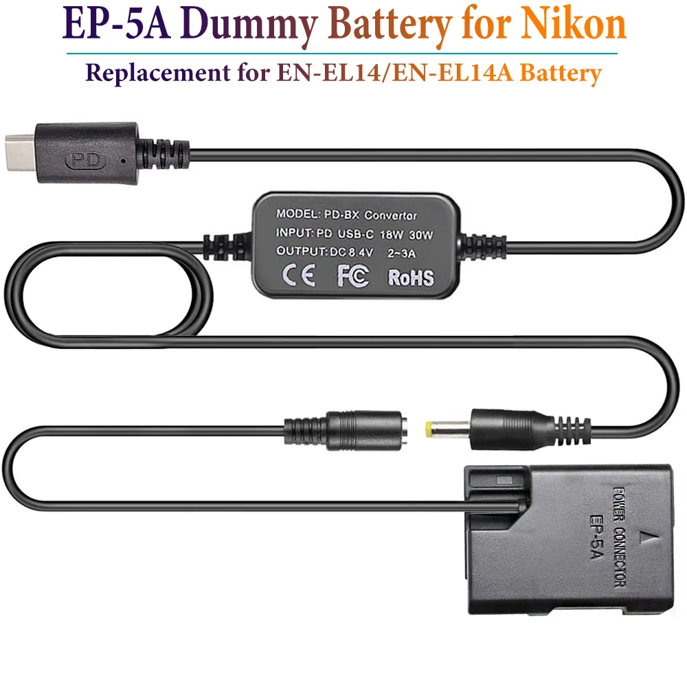 

EP-5A DC Coupler PD USB-C Convertor Cable EN-EL14 Dummy Battery For Nikon D3100 D3200 D3300 D5100 D5300 D5500 P7800 P7100 Camera