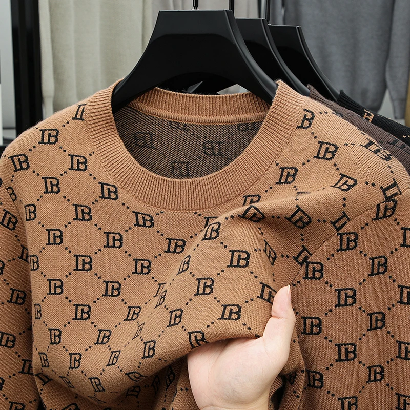 High End Quality Men's Knit Sweater O-neck Letter Jacquard Pullover Autumn Awinter Fashion Versatile Commuting Casual Men's Wear