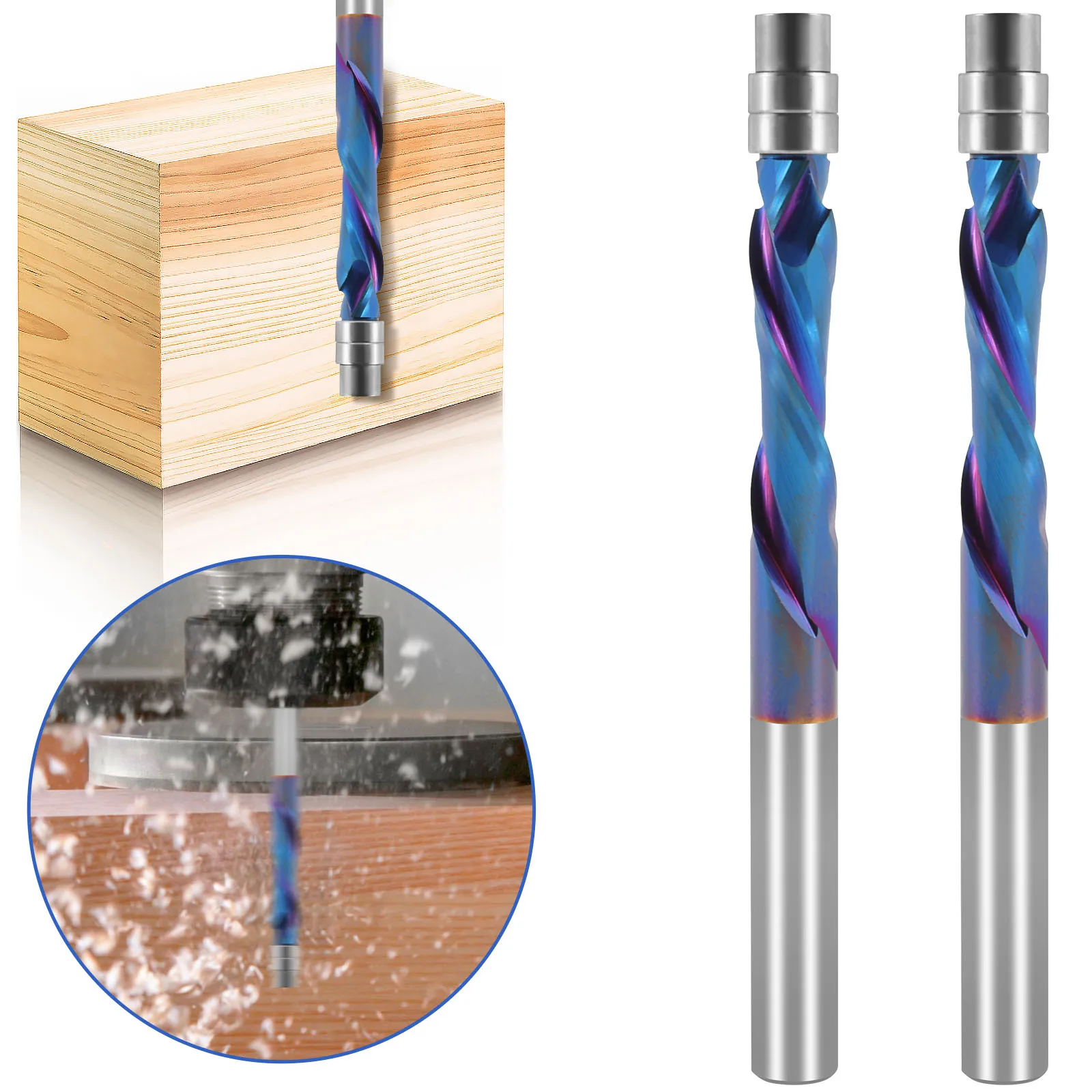 2Pcs 1/4inch Shank Spiral Flush Trim Router Bit Set Carbide Top Bearing Flush Trim Bit Professional Spiral Bit High Hardness UP