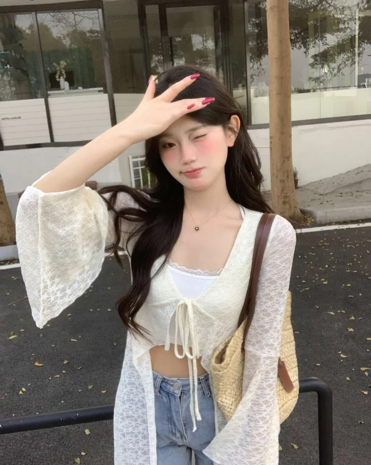 2024 Summer New Lace Oversized Cardigan Y2k E-Girl V-neck  Up All-match Shirts Mujer Mid-length Long Sleeve Tops Women