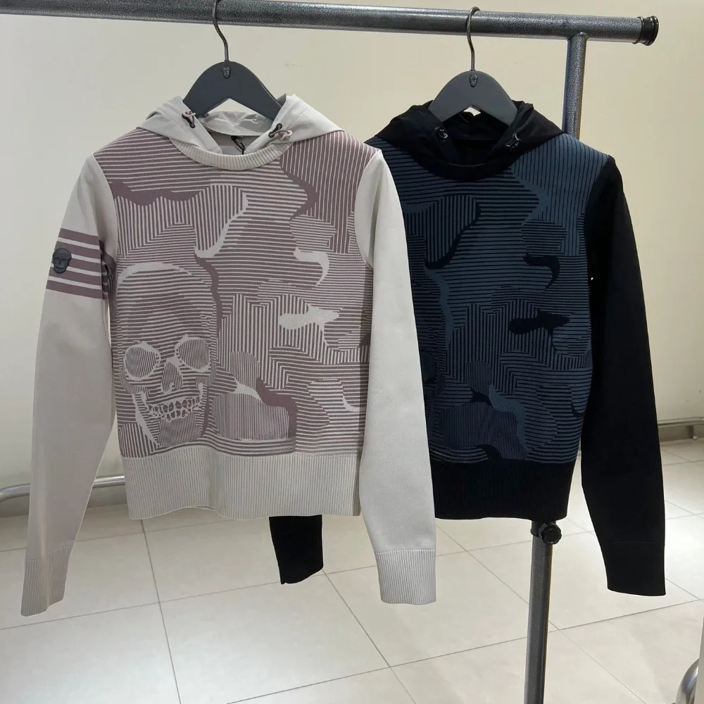 Women's Golf Hooded Knit Top 2026 Fall New Korean Style Long Sleeve Two-Tone Skull Graphic Trendy Versatile Chic Breathable Soft
