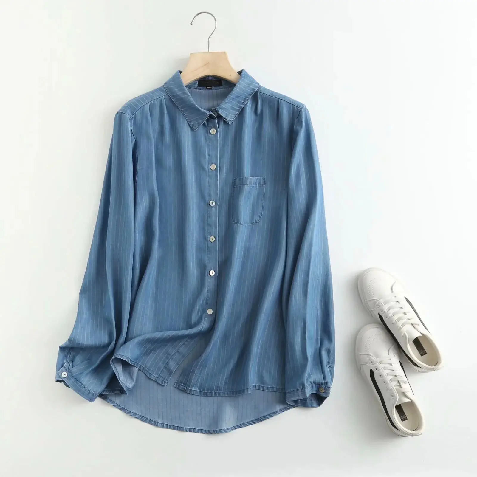 

Women's Denim Striped irt Turn down Collar Long SVE Denim Faion Ladies' Premium Quali irt Other Material 00%