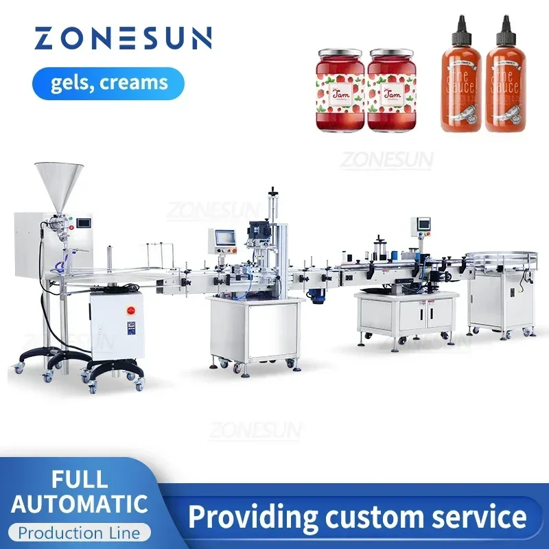ZONESUN Filling Capping Labeling Automated Production Line Custom for Gel Chili Sauce Cap Round Bottle Capper Packaging Machine