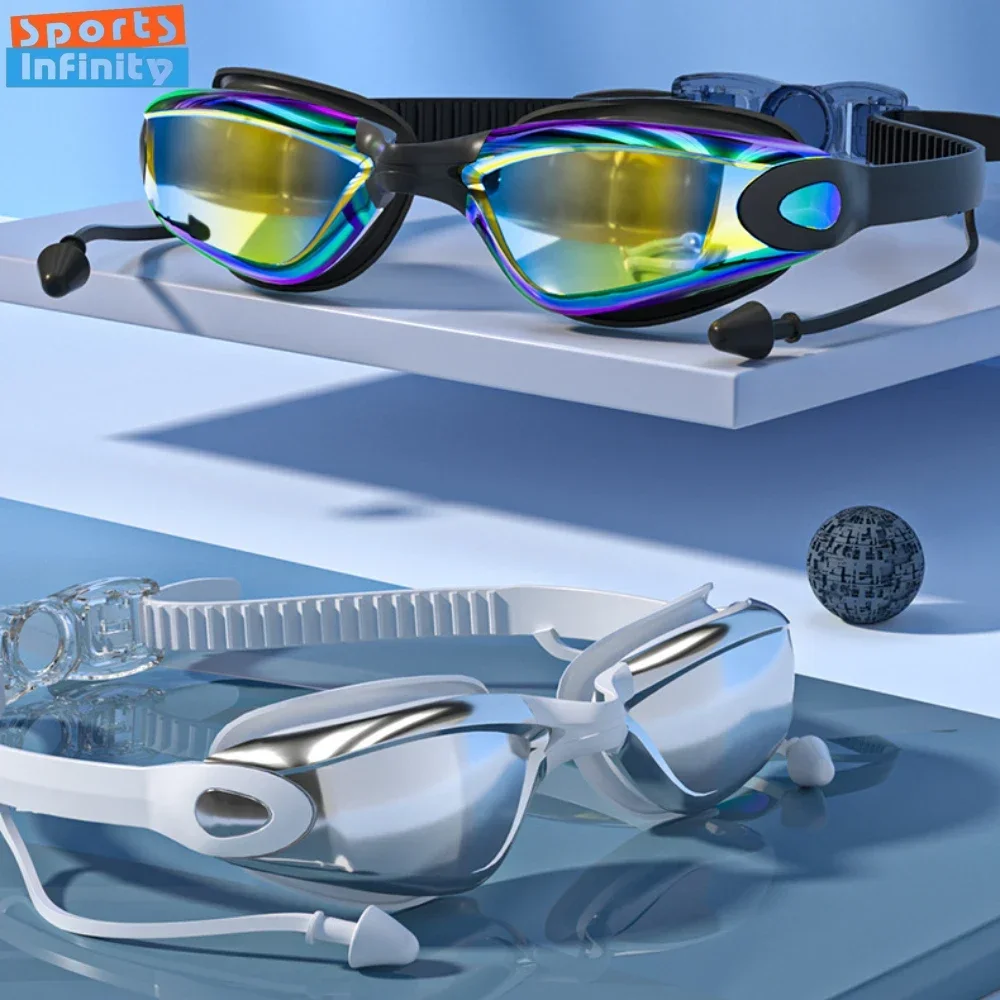 High Definition Swimming Goggles Waterproof and Anti Fog Electroplated Swim Goggles Swim Eyewear with Integrated Earplugs Box