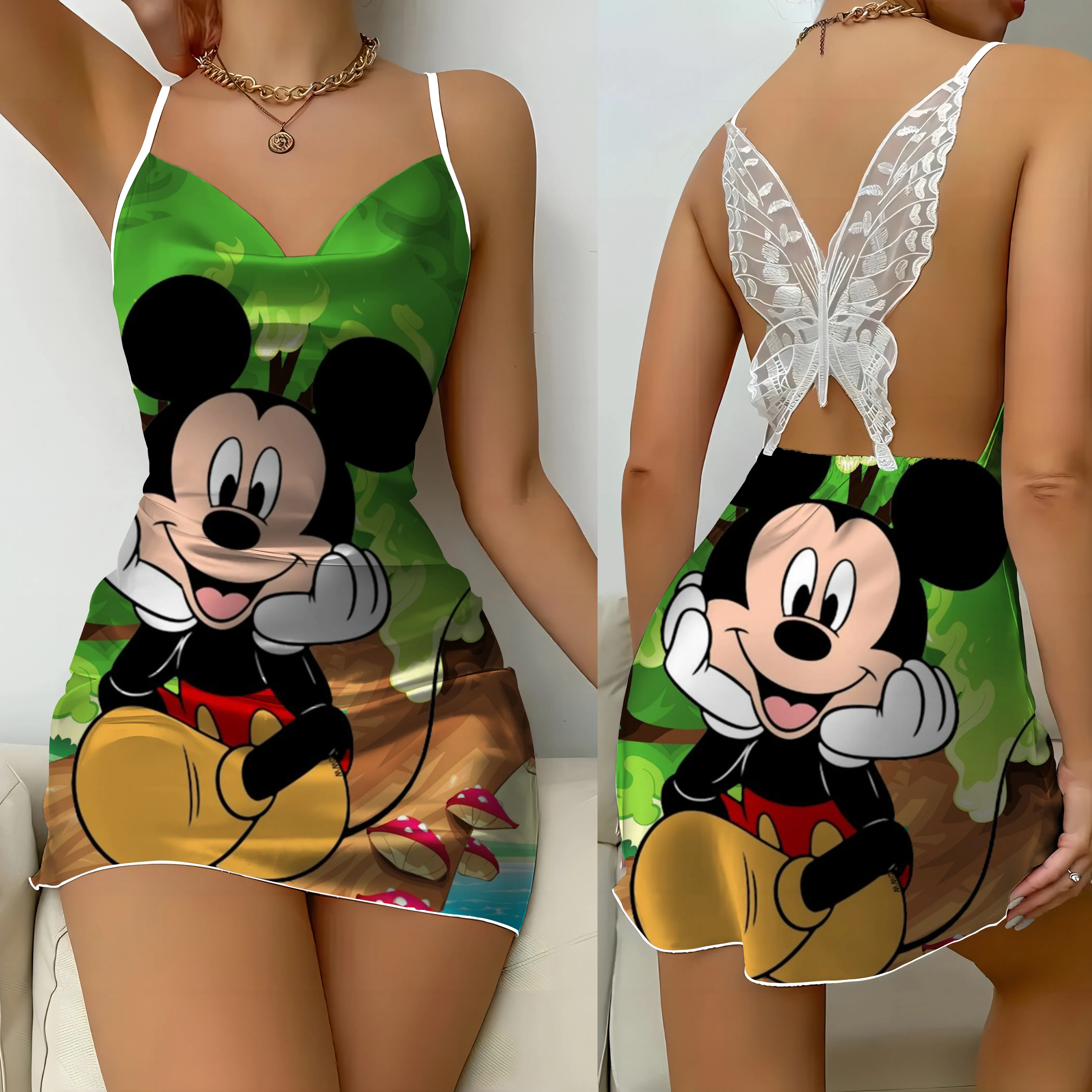 

Womens Dresses Backless Dress Bow Knot Disney Mickey Minnie Mouse Pajama Skirt Satin Surface Fashion Summer 2024 Party Mini Sexy