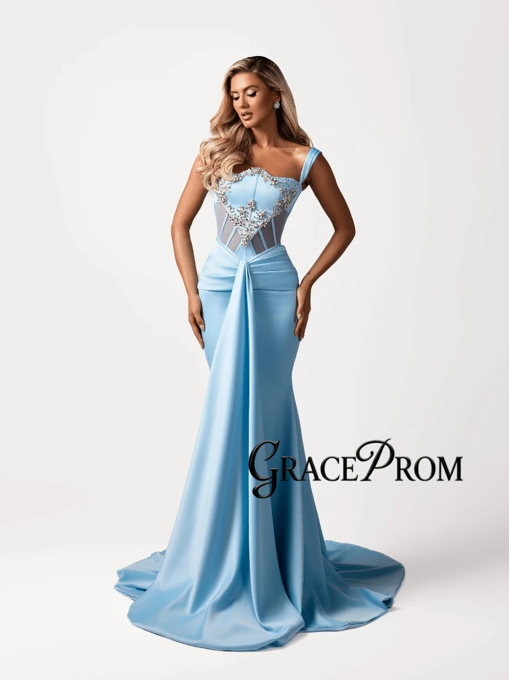 

Elegant Light Blue Mermaid Prom Dress Satin Beaded Mesh Corset Evening Gown With Long Train Customized Birthday Party Wear