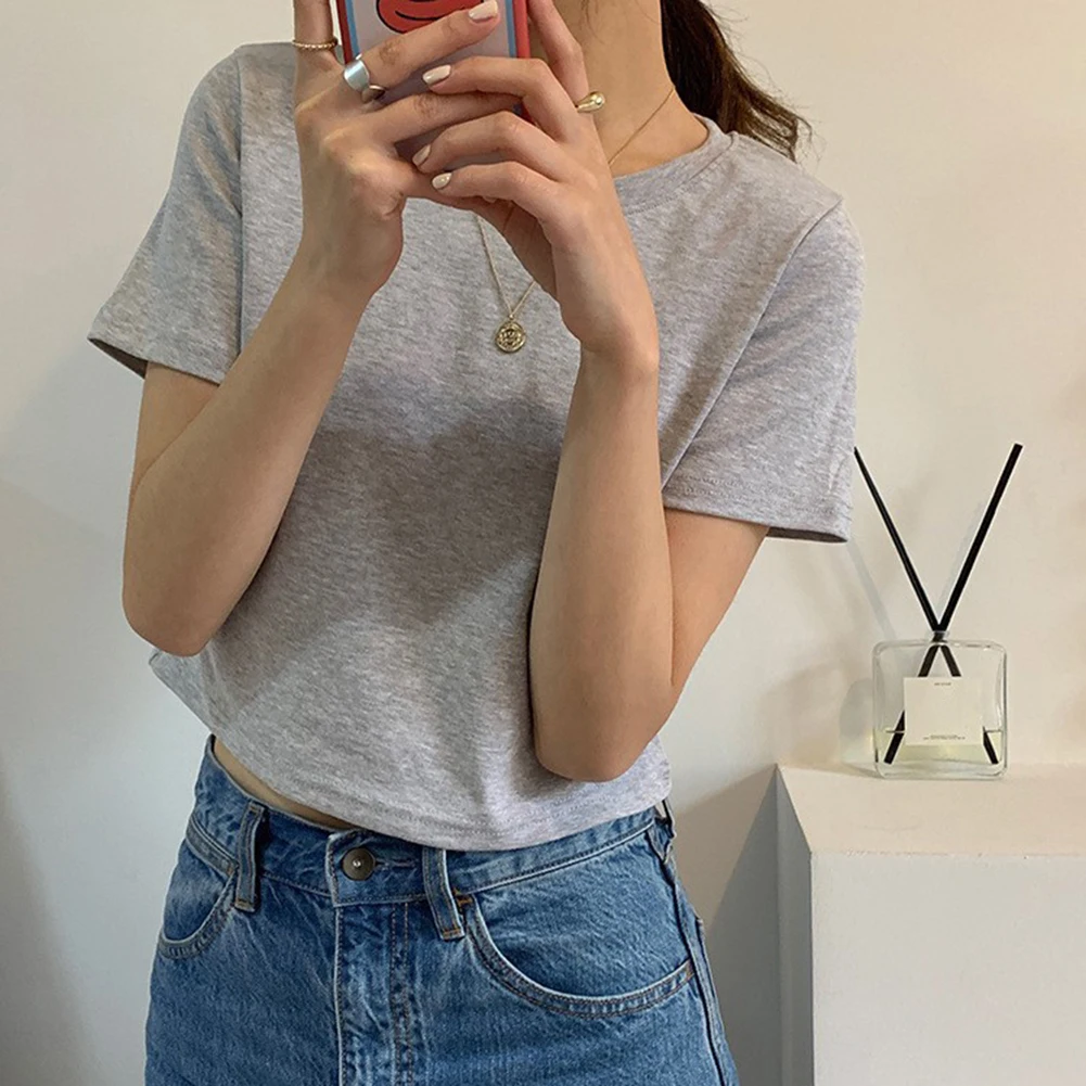 

Женский повседневный топ с круглым вырезом и короткими рукавами, однотонный дизайн, легкая эластичность, удобная дышащая ткань для летних дней