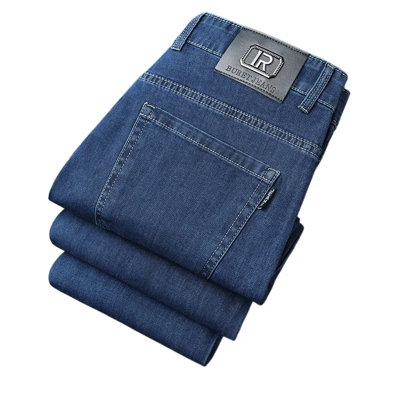 Men's Thin Jeans Spring Summer Fashion Breathable Cotton Blend Solid Color Business Casual Pants Simple Versatile Work Commute