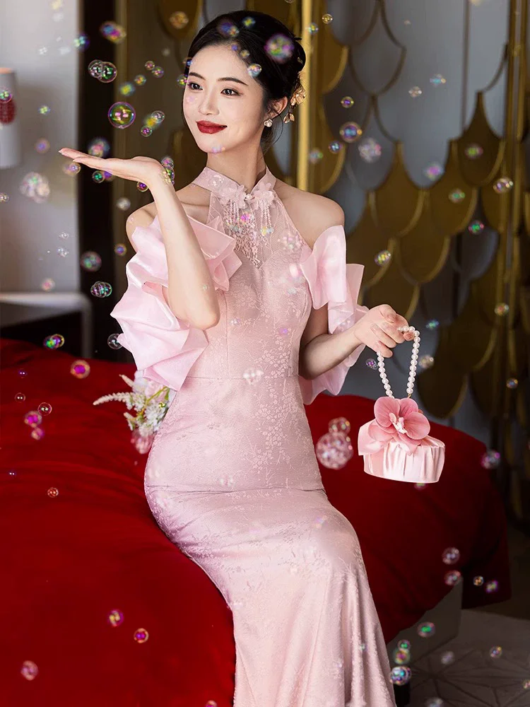 فستان زفاف الزفاف النمط الصيني الجديد ملابس الخطوبة نخب مثير سليم ذيل السمكة شيونغسام موضة مطرزة رائعة تشيباو #5