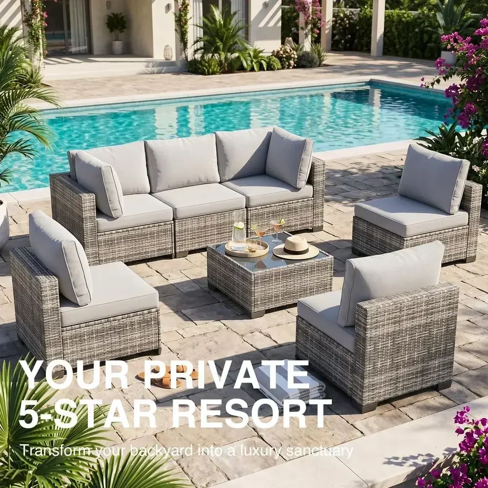7-Piece Outdoor Patio urniture Set, All-Weather Wicker Rattan Sectional Soa with Thick Cushions & Glass Table, ular Patio Contio