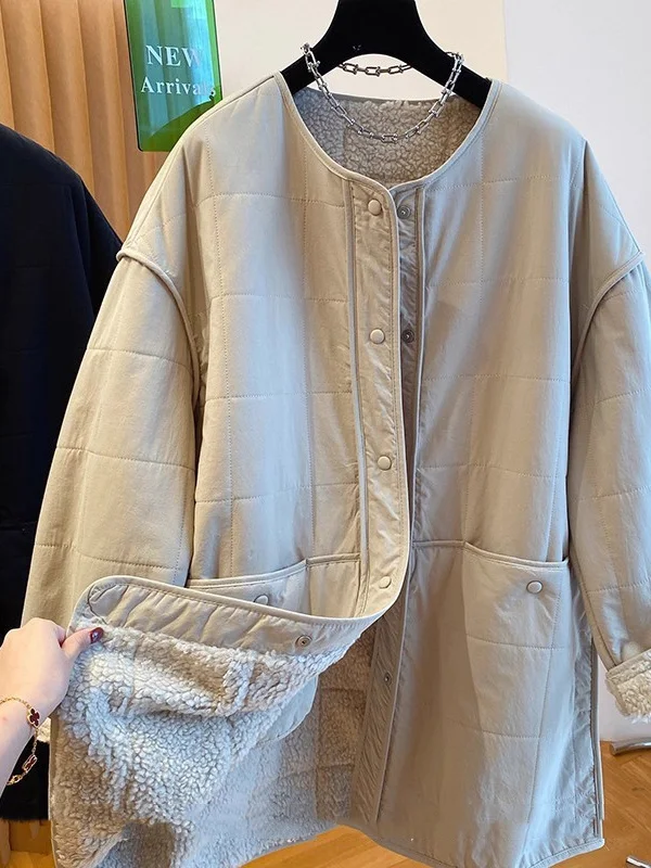 معطف طويل مبطن بفرو خروف أصلي كبير الحجم متوسط الطول من القطن Jaet للنساء من ألياف الخيزران عادي Sve #1