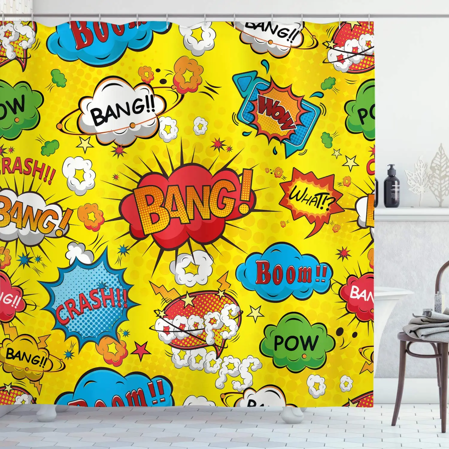 

Superhero Shower Curtain, Humor Speech Bubbles Funky Vivid Bang Boom Bam Pow Fiction Design, Cloth Fabric Bathroom Decor Set