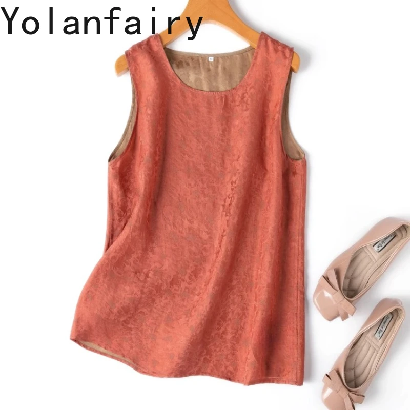 YOLANFAIRY 2025 Summer Tops Woman Clothing Light Luxury 100% Mulberry Silk Tank Top Jacquard Sleeveless Vest Reversible Tops 민소매