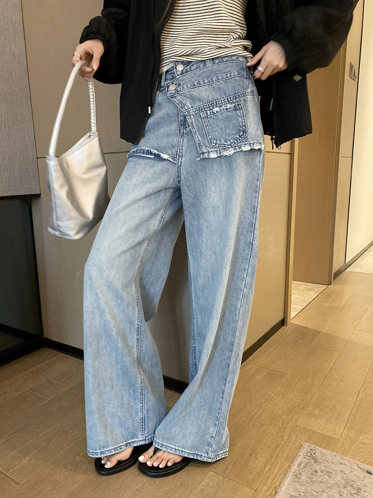 

Джинсы с высокой талией и прямыми штанинами Feelroom, винтажный дизайн с рваным краем, синие джинсовые брюки, весенняя коллекция, женская мода