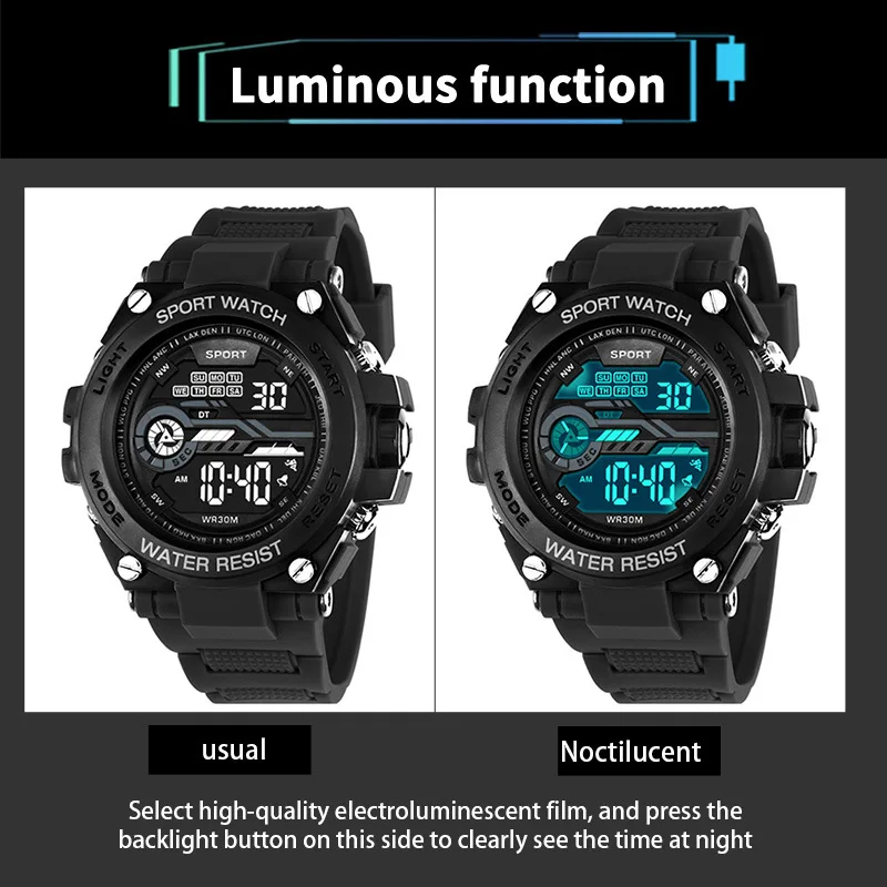 YIKAZE Men\'s Sports Watch Waterproof Man Sport Watches Multifuction LED Digital Military Watch Alarm Clock Electronic Wristwatch