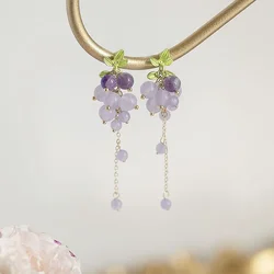 Korean Style Purple Grape Long Tassel Ear Clips Earrings Fresh Fruits Crystal Grapes Clip on Earrings Without Piercing for Women