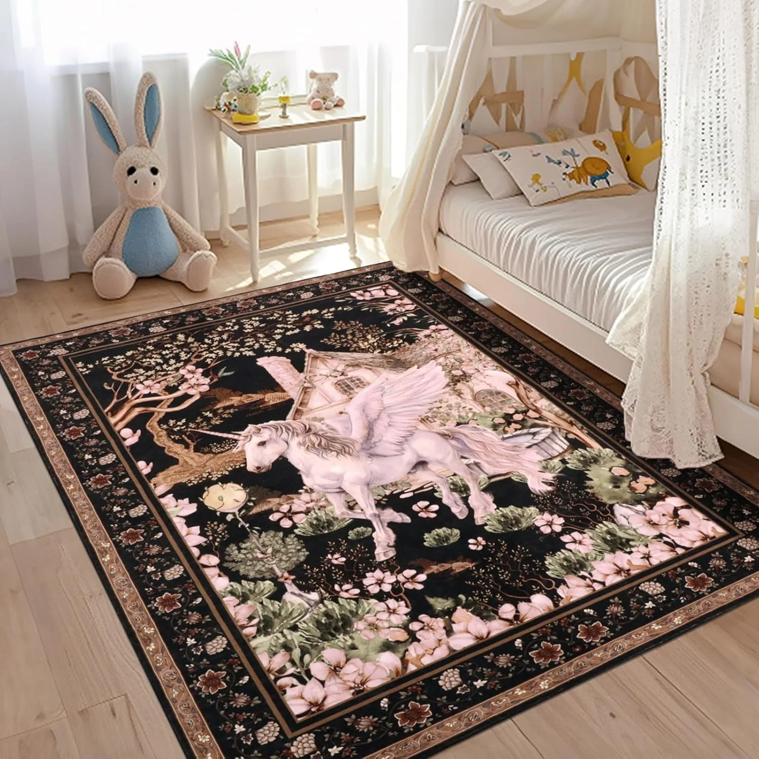 Pink Green Boho Unicorn Flower Rug Floor Mat Animal Print Carpet Kids Room Nursery Playroom Bedroom Living Room Home Office