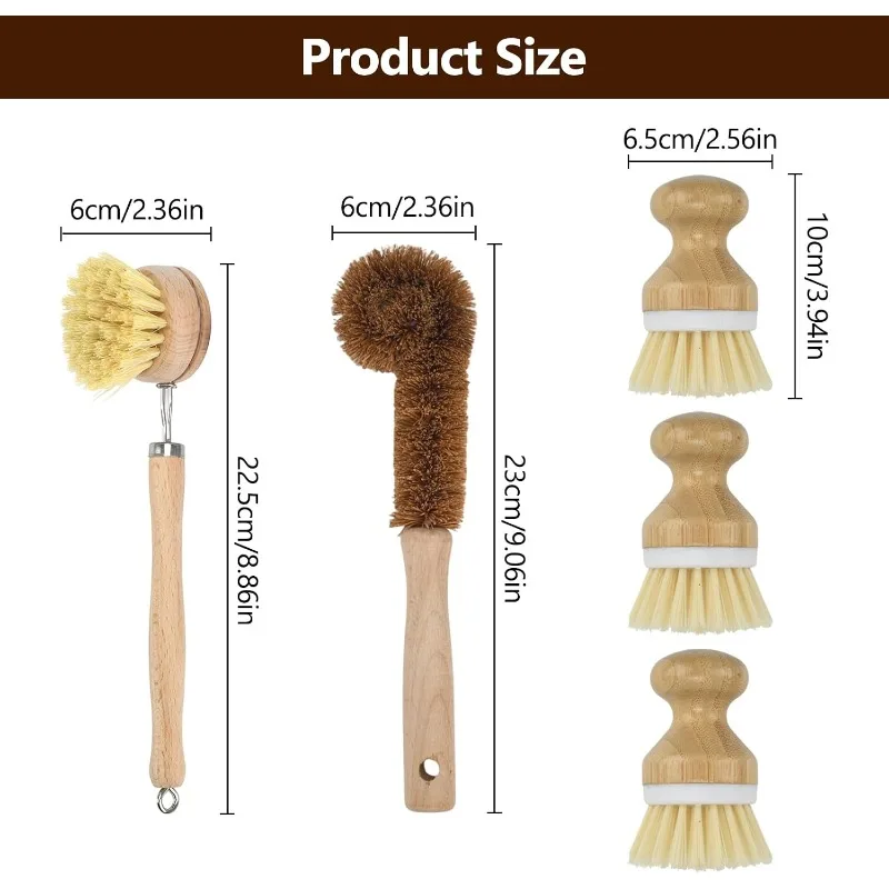 5 Pack Bamboo Dish Brush Set, Natural Kitchen Scrubber & Bottle Brush, Wooden Cleaning Brushes for Dishes, Pots, Pans, Bottles, Sinks & Woks