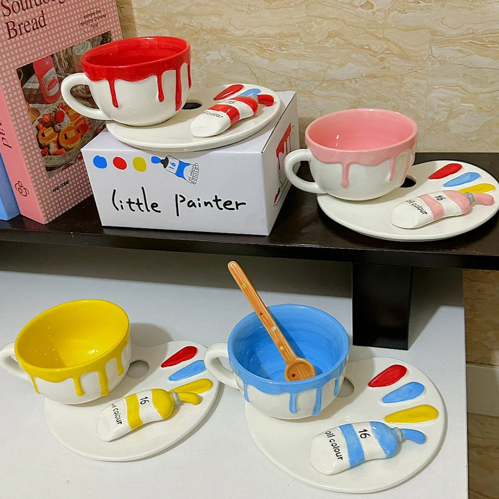 Creative Ceramic Cup and Dish Set Delicate Porcelain Homehold Drinkware Breakfast Milk Coffee Cup Saucer Funny Gifts
