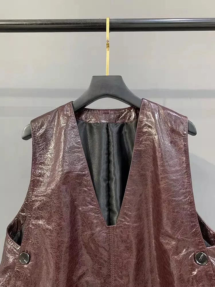 숙녀 정품 가죽 세련된 V 넥 드레스 오일 왁스 더블 브레스트 봄 가을 풀오버 패션 고품질 2025 탱크 드레스