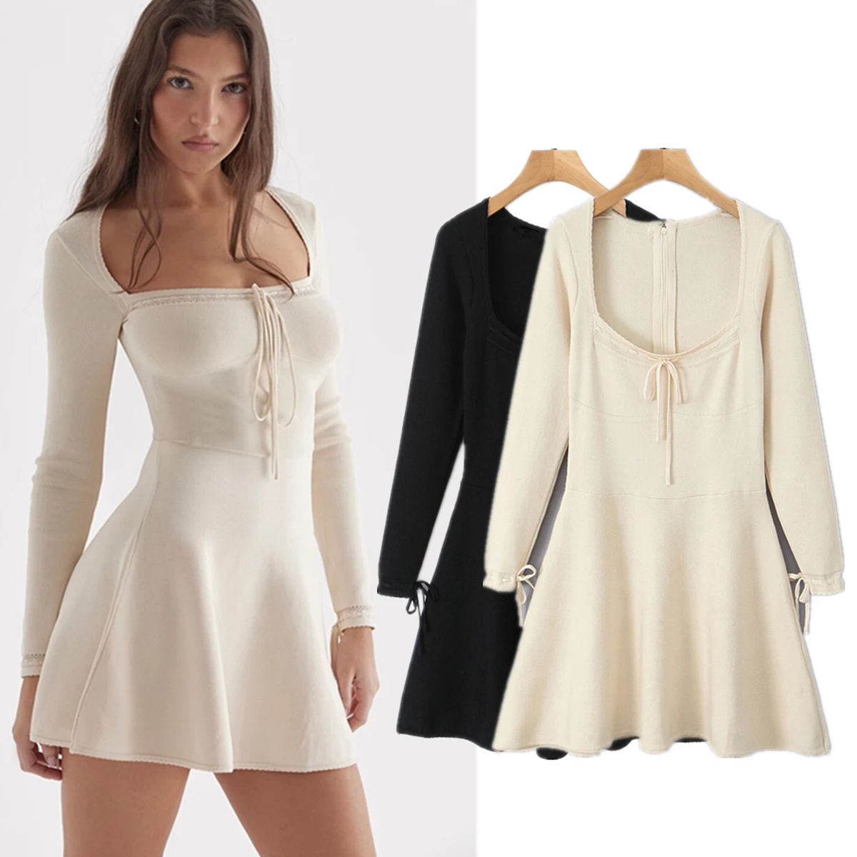 

Withered Long Sleeve Casual Mini Dress Fashion Dress Women Ladies Autumn Winter French Elegant Square Collar Knitted