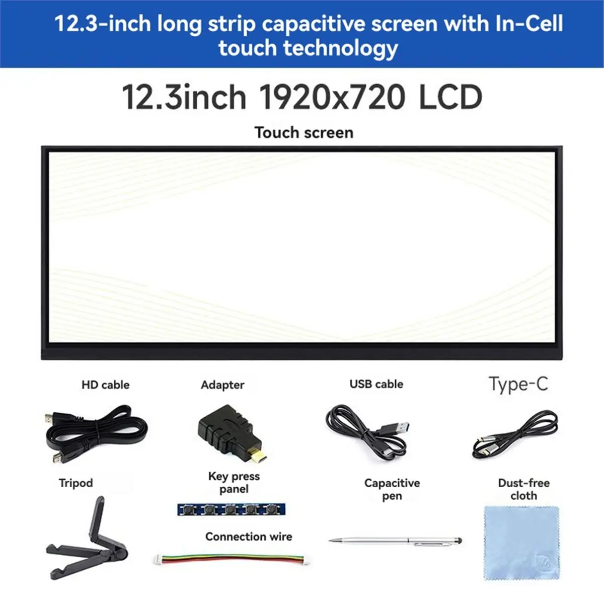 A86G NEW 12.3-Inch 10 Point Capacitive Touch Screen IPS 1920x720 -Compatible Display 178° Full Viewing Angle for RPi