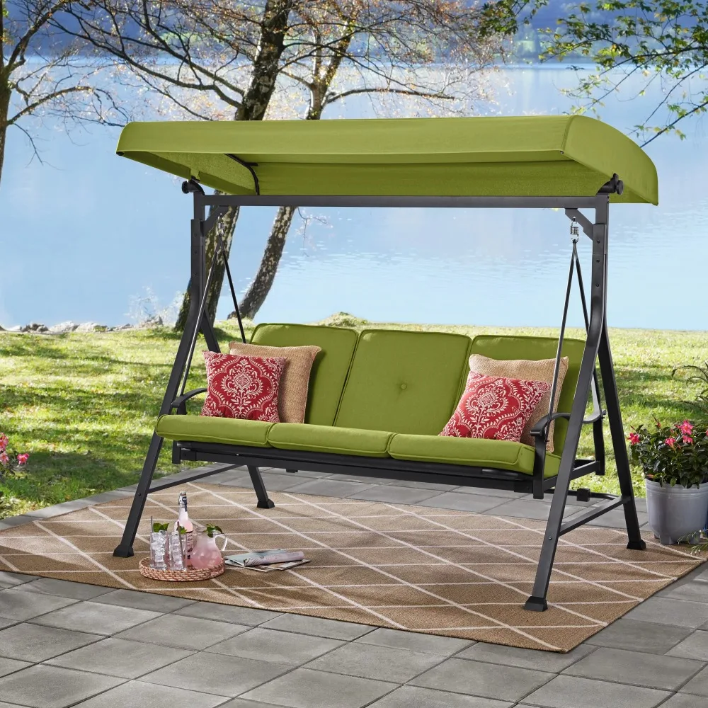 3 Person Convertible Daybed Outdoor Steel Porch Swing with Canopy - Green