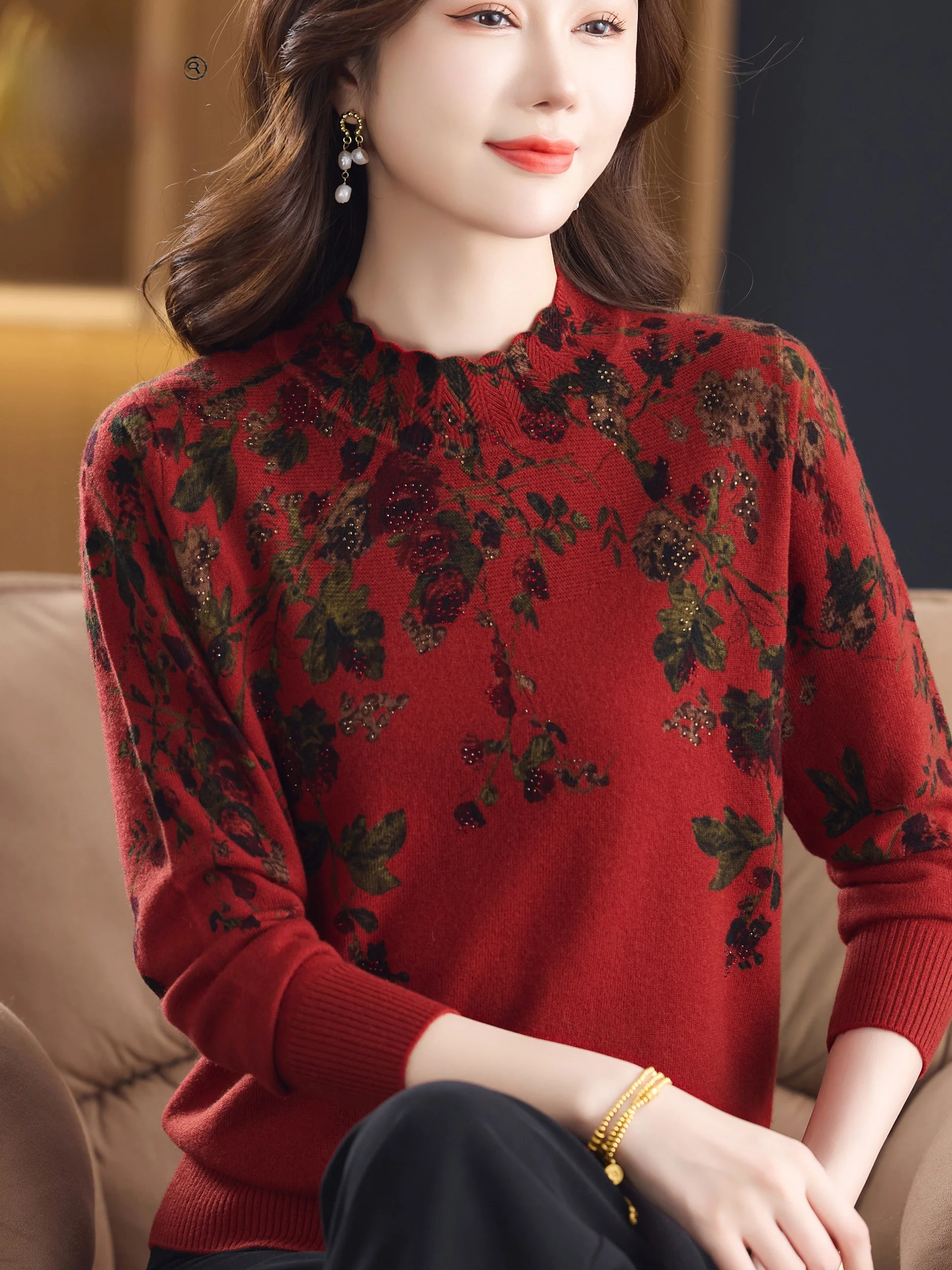 

Autumn Winter High End Pure Wool Sweater Women's f High Ne Print Base Layer Loose Slimming Faionable Mom Clothes