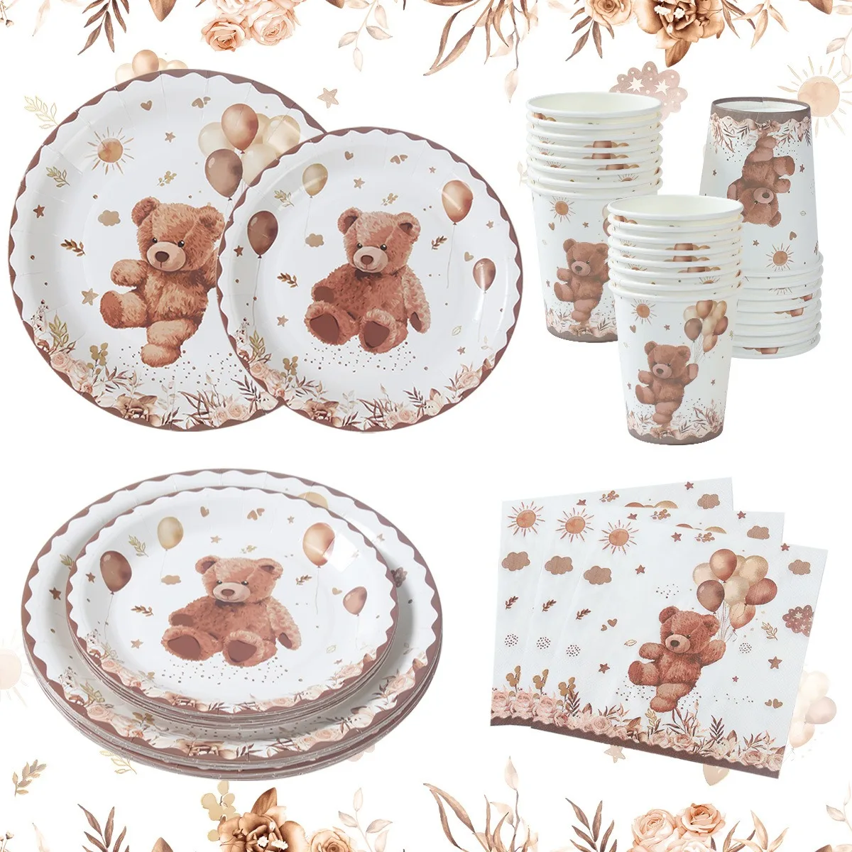 Assiettes en papier pour fête sur le thème de l'ours brun, ensemble de vaisselle pour fête d'anniversaire d'enfants, gobelets en papier jetables, serviettes et assiettes