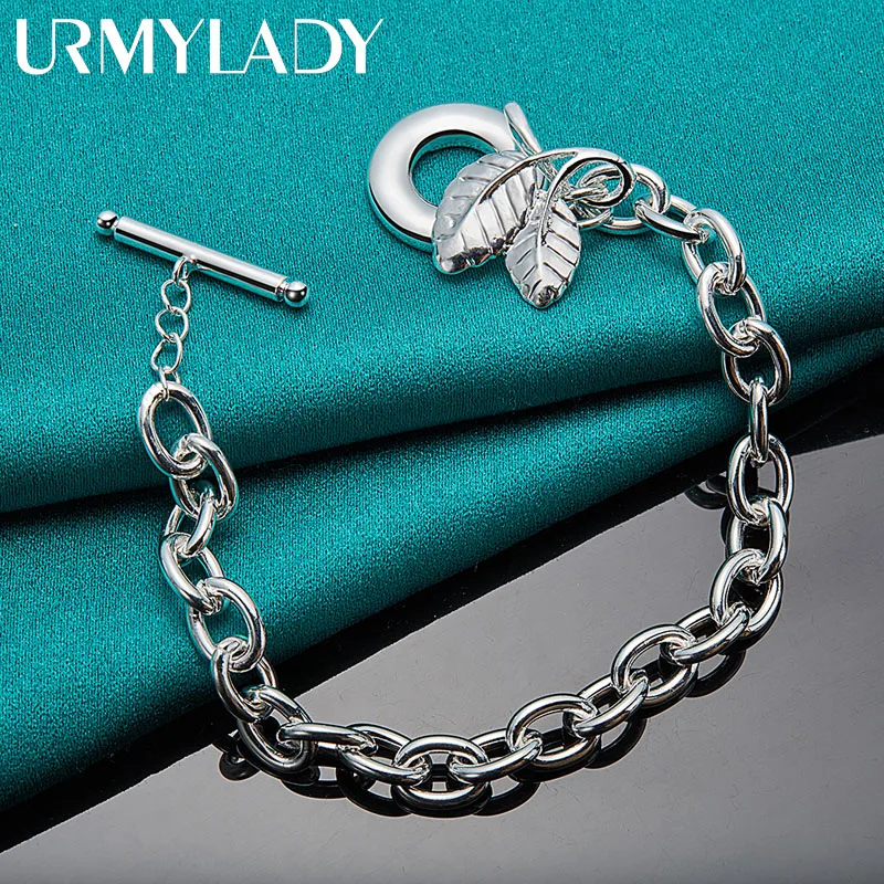 URMYLADY 925 Sterling Silver Double Leaf Pendant Bracelet For Women Wedding Party OT Chain Fashion Jewelry