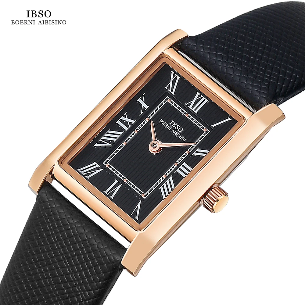 IBSO Ultra-Thin Slim Women Watches Japanese Seiko Movement Y120 Rectangle Dial Genuine Leather Strap 30m Waterproof Women\'s Gift