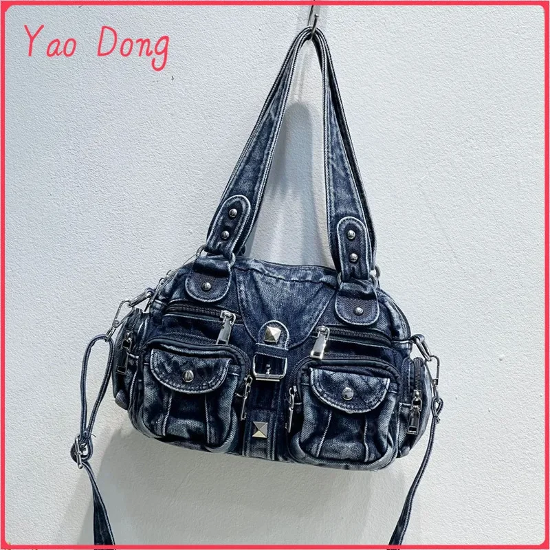 Yao Dong Multi-pocket wash denim Women's Denim Bag Vintage Blue Jean Purse and Handbags Crossbody Shoulder Wallet Large Capacity