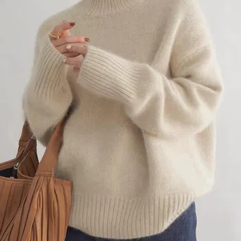 여성용 터틀넥 캐시미어 스웨터, 순수 양모 스웨터, 뜨게 느슨한 대형 풀오버, 2023 가을 및 겨울, 신상 100%