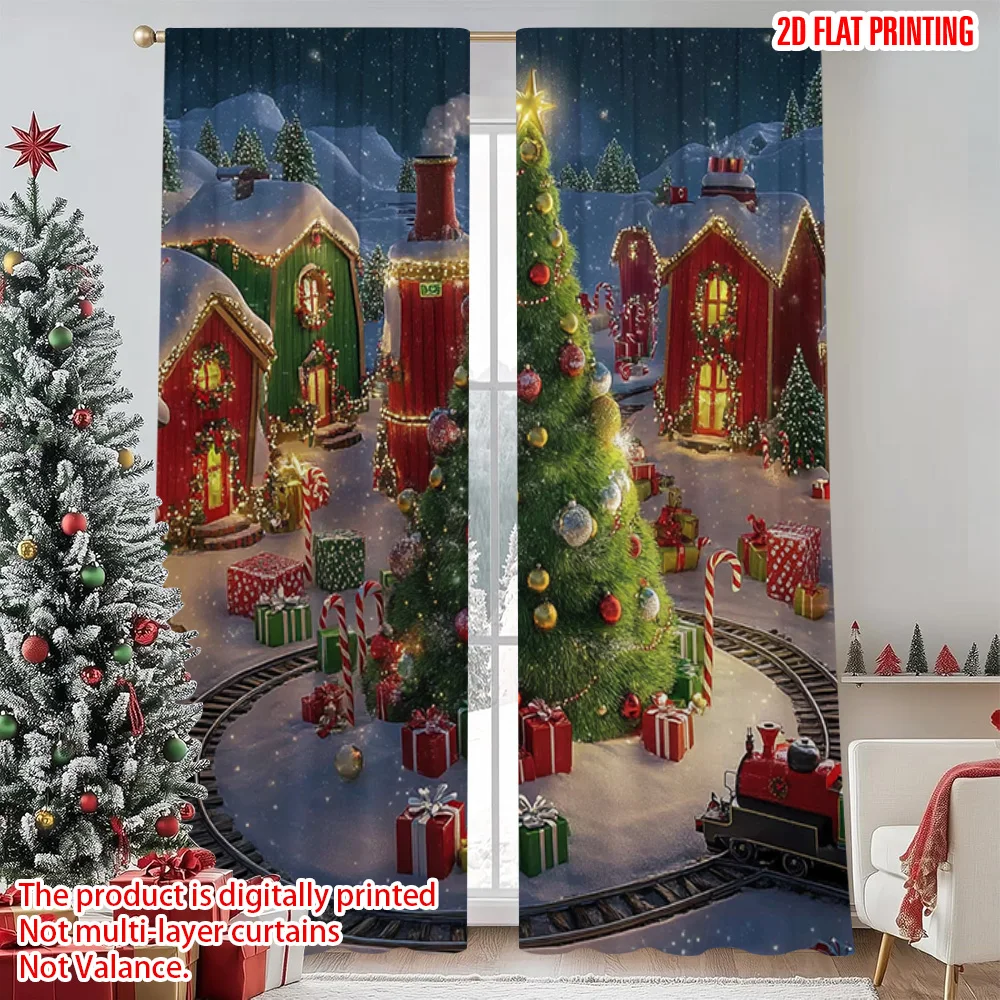 

2pcs 2D flat printing Merry Christmas Popular Curtains Fantasy Winter Snow Scene Christmas Tree Fabric Without Electricity