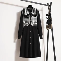 Women's 2023 Knitted Dress Thousand Bird Checker Doll Neck Single Breasted French Fashion Sweater Dress