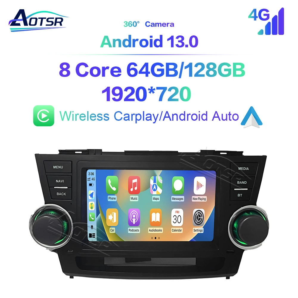 

8-дюймовый автомобильный радиоприемник с Android 13 и CarPlay для Toyota Highlander 2009-2014, мультимедийный видеоплеер, навигация GPS, автомобильные аксессуары