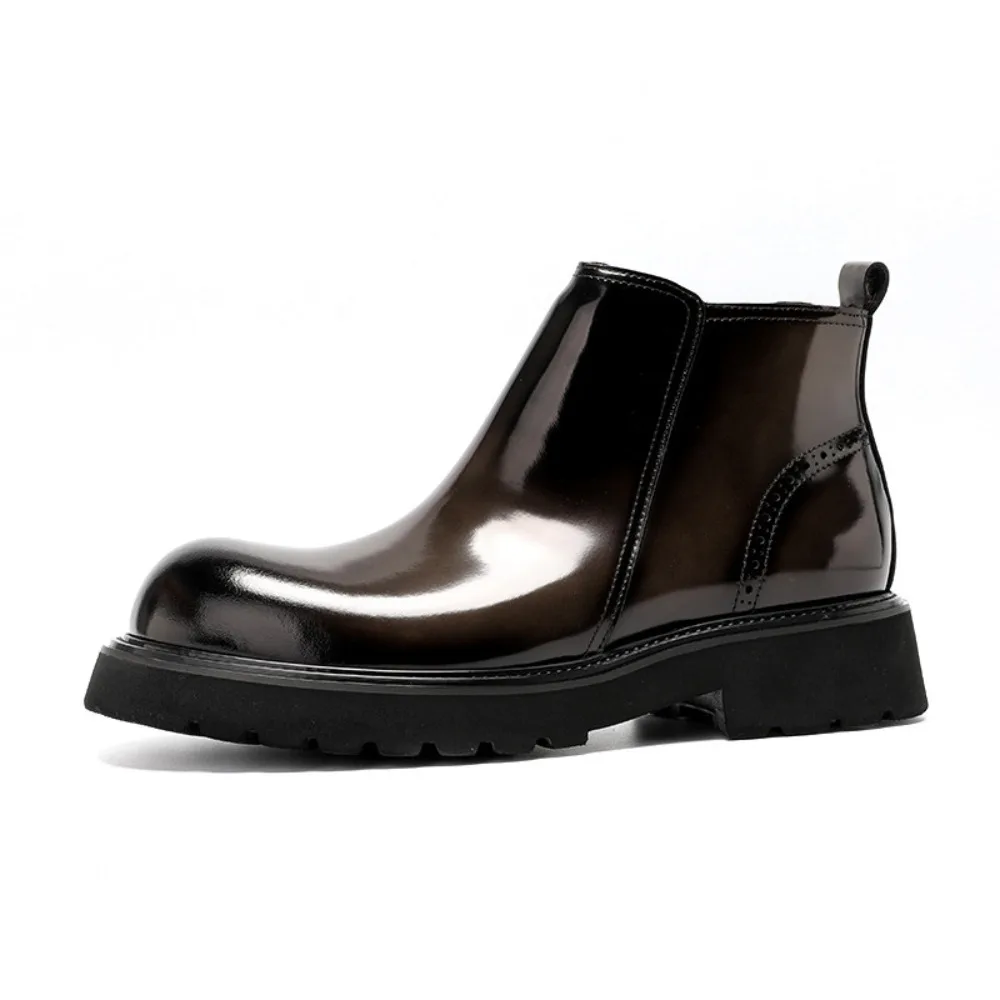 Men's High End Glossy Full Grain Leather Boots Zipper Thick Sole Big Toe Casual Short Boots for Young Men