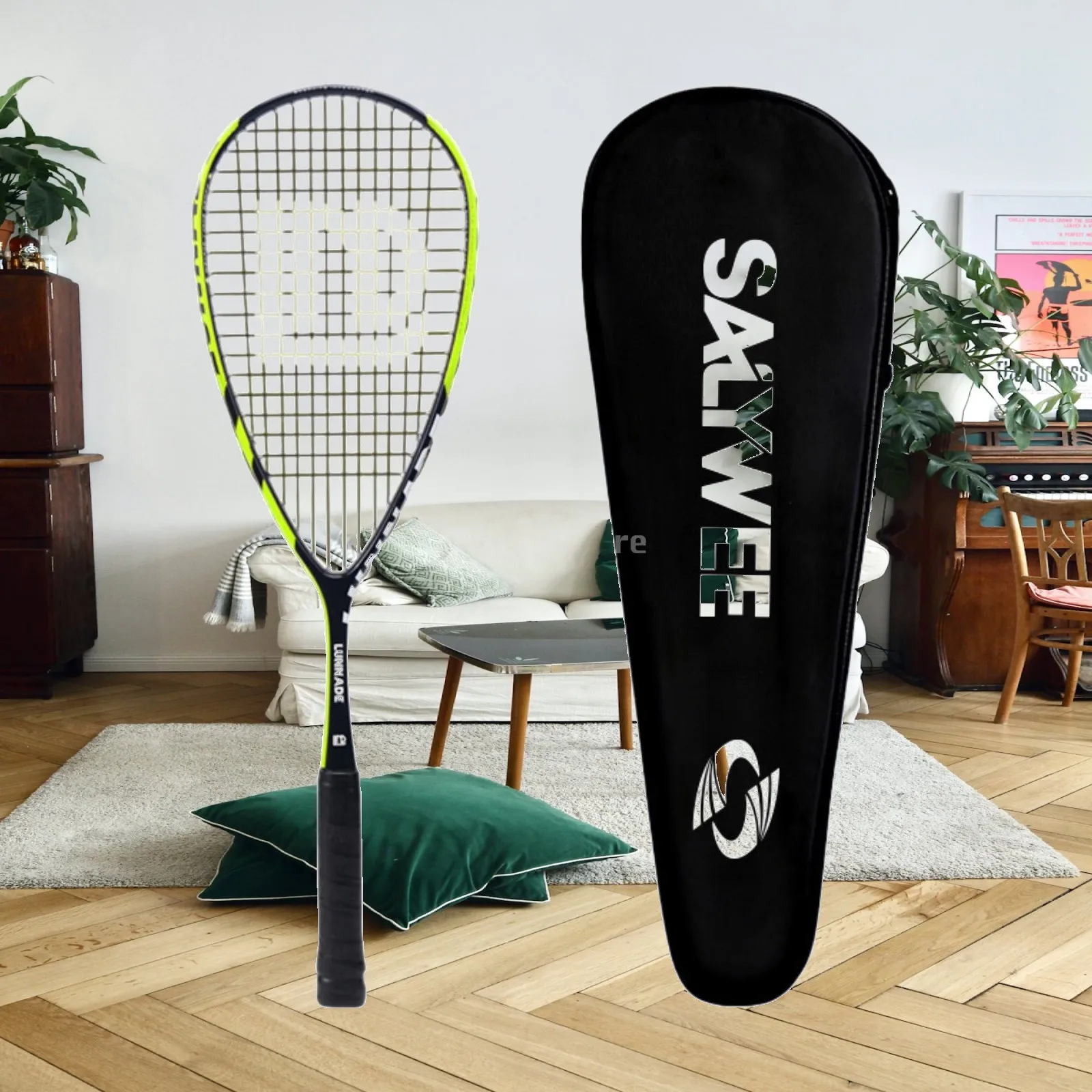 Tear Drop Squash Racquet Carbon Fiber Frame Nonslip Handle Training Paddle for Indoor Outdoor Use Portable Carry Bag for Gym