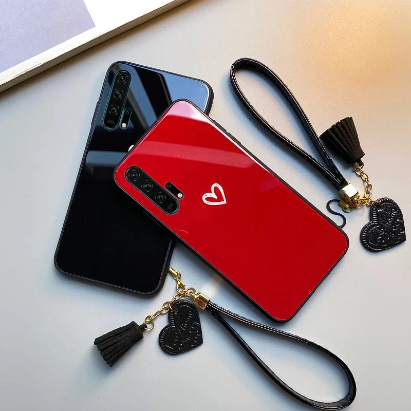 For Samsung Galaxy A7 A8 A6 A9 2018 Case Free strap Red Black Heart Hard Glass Cover For Samsung A6 A8 Plus 2018 Casing